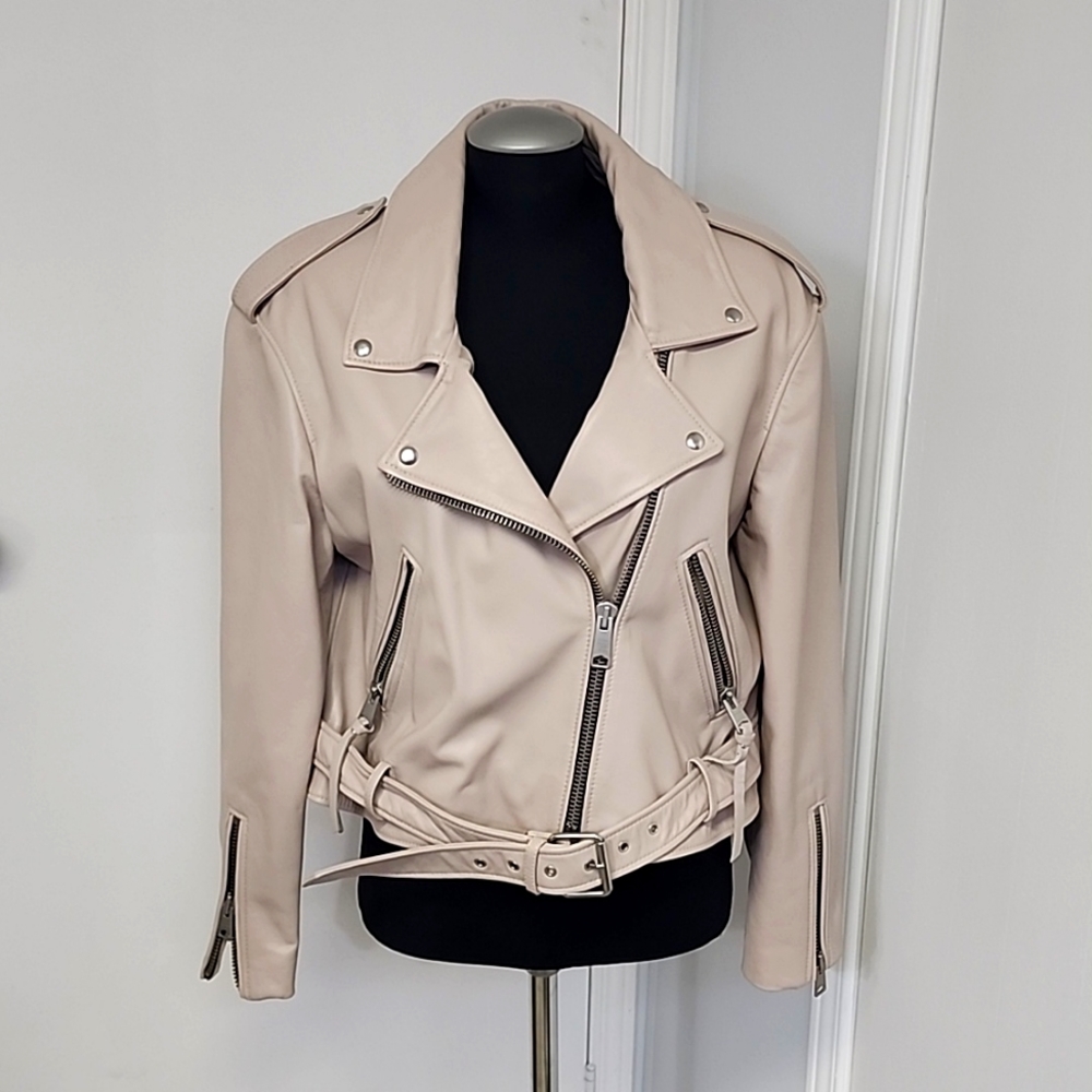 Allsaints oversized Anderson biker jacket, size large in pale pink - Picture 1 of 6